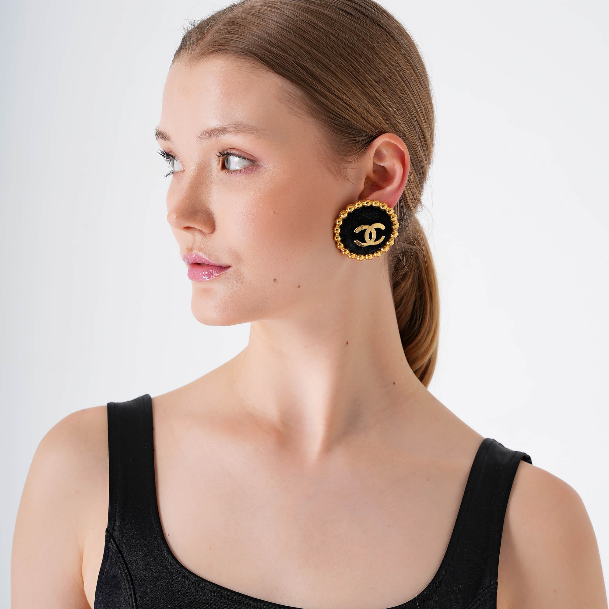 Chanel - Gold Tone & Black Velvet Vintage Earrings